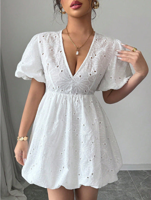 Bluskleid Damen V-Hals mit Puffärmeln aus Atmungsaktiver Baumwolle – Festliches Kleid für Sommer Veranstaltungen 1