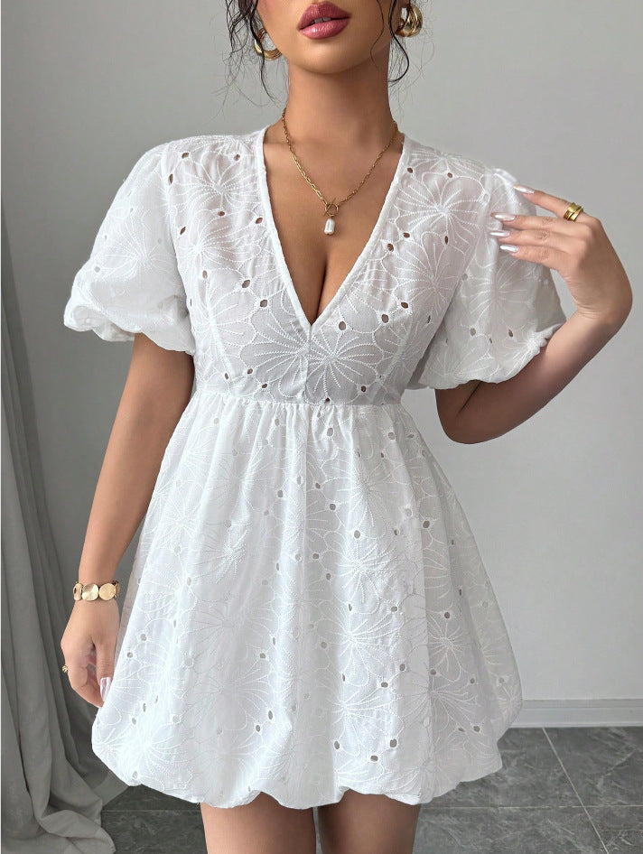 Bluskleid Damen V-Hals mit Puffärmeln aus Atmungsaktiver Baumwolle – Festliches Kleid für Sommer Veranstaltungen 3