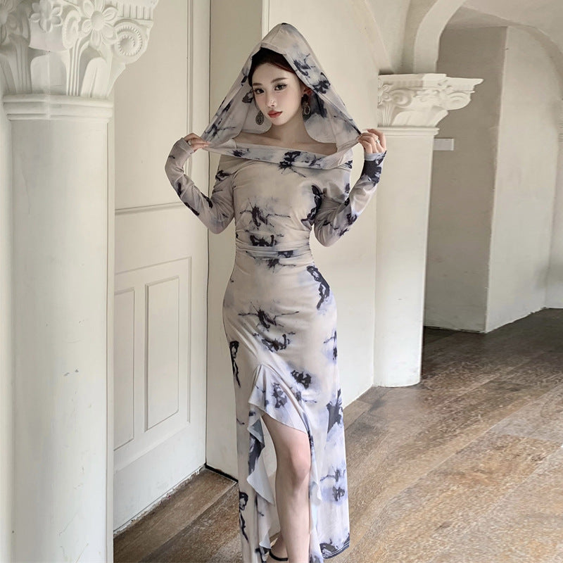 Dam Klänning Med Huva Fjärilstryck Långärmad Polyester-4