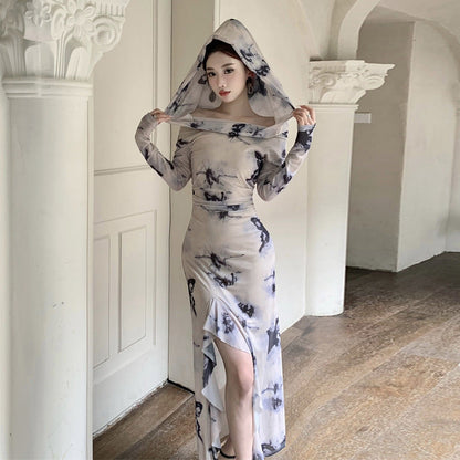 Dam Klänning Med Huva Fjärilstryck Långärmad Polyester-4