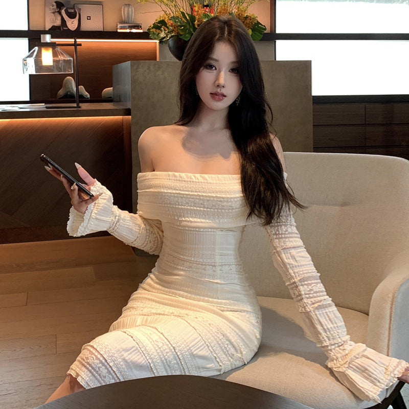 Kvinnors Lång Klänning Off-Shoulder Polyester Elastan-2