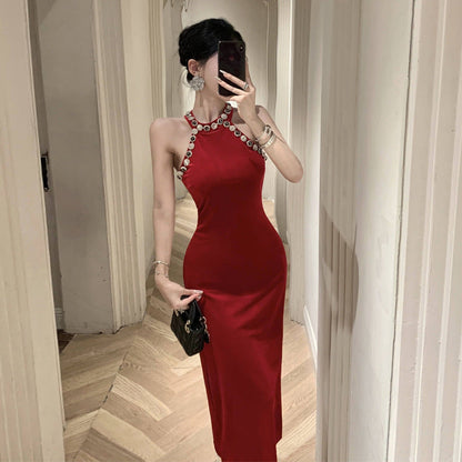 Kvinnors Halterneck Klänning Slimmad Glittrande Material-1