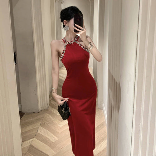 Kvinnors Halterneck Klänning Slimmad Glittrande Material-1