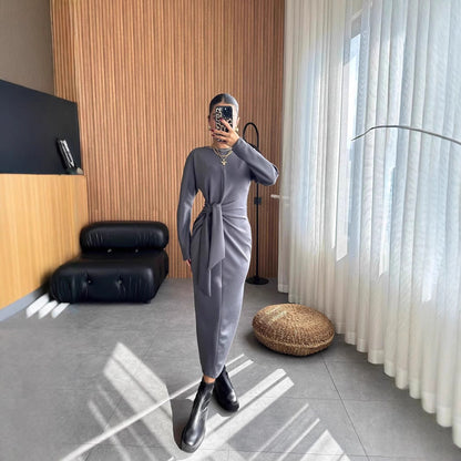 Dam Midiklänning Slim-Fit Rund Halsringning Polyester-5