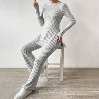 Tvådelat Set Dam Långärmad Topp och Långa Byxor Mjuk Polyester-5