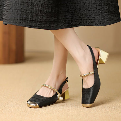 Kvinnors Slingback Pumpar med Blockklack och Justerbar Rem – Texturerat Syntetiskt Material i Metallisk Accent 2