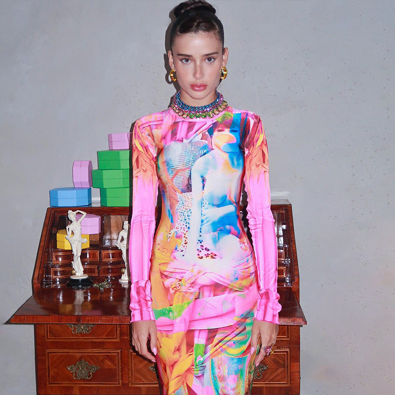 Dam Midi Klänning Långärmad Elastisk Ståkrage Fina Dam Klänningar-4