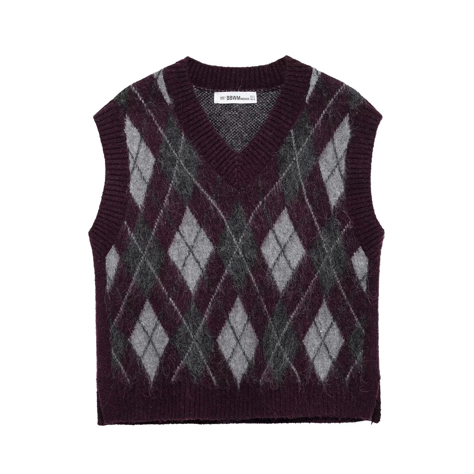 Dam V-ringad Ärmväst Diamantmönster Polyester-1