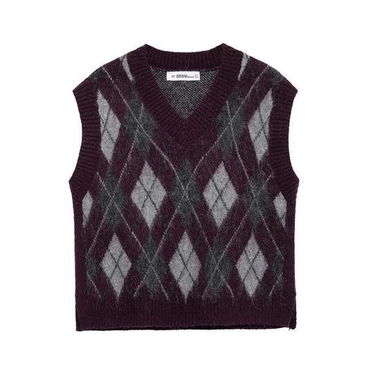 Dam V-ringad Ärmväst Diamantmönster Polyester-1