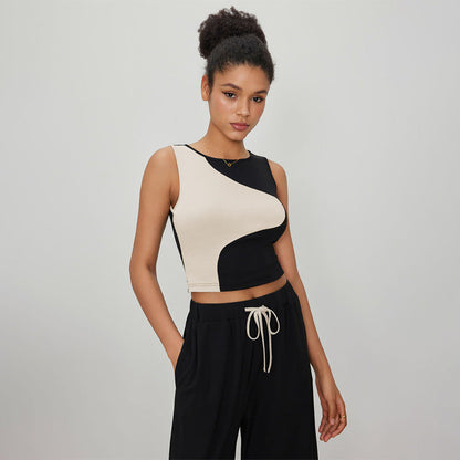 Dam Kort Topp Färgblock Ribbad Tyg-5