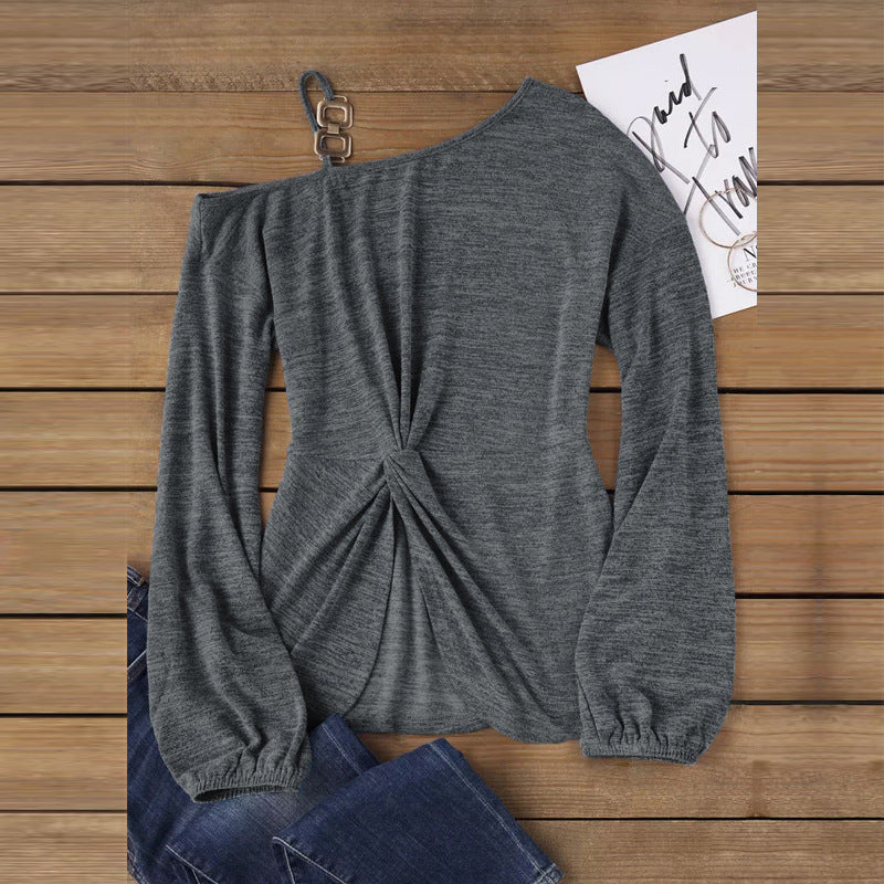 Dam Långärmad T-Shirt Asymmetrisk Design Polyester med Metallspänne 5