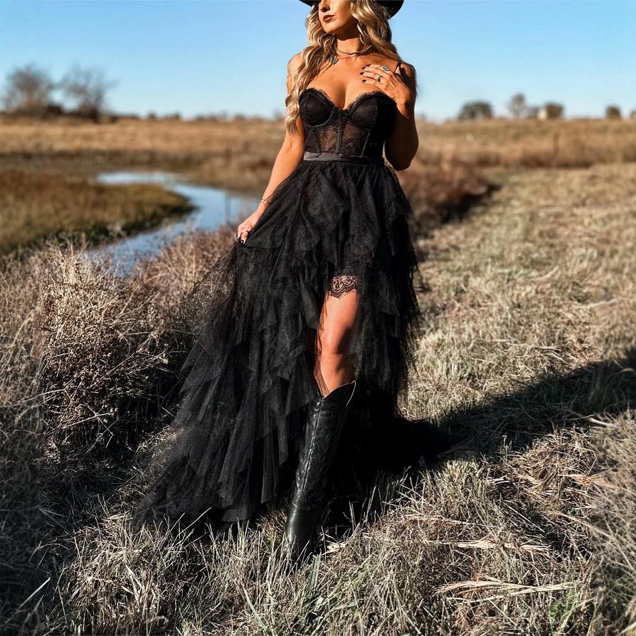 Maxiklänning Dam Asymmetrisk Off-Shoulder Tulle Lång Kjol-2