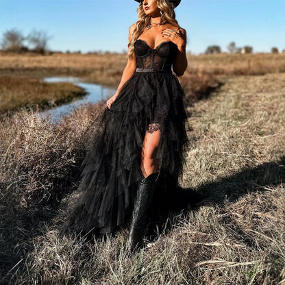 Maxiklänning Dam Asymmetrisk Off-Shoulder Tulle Lång Kjol-2