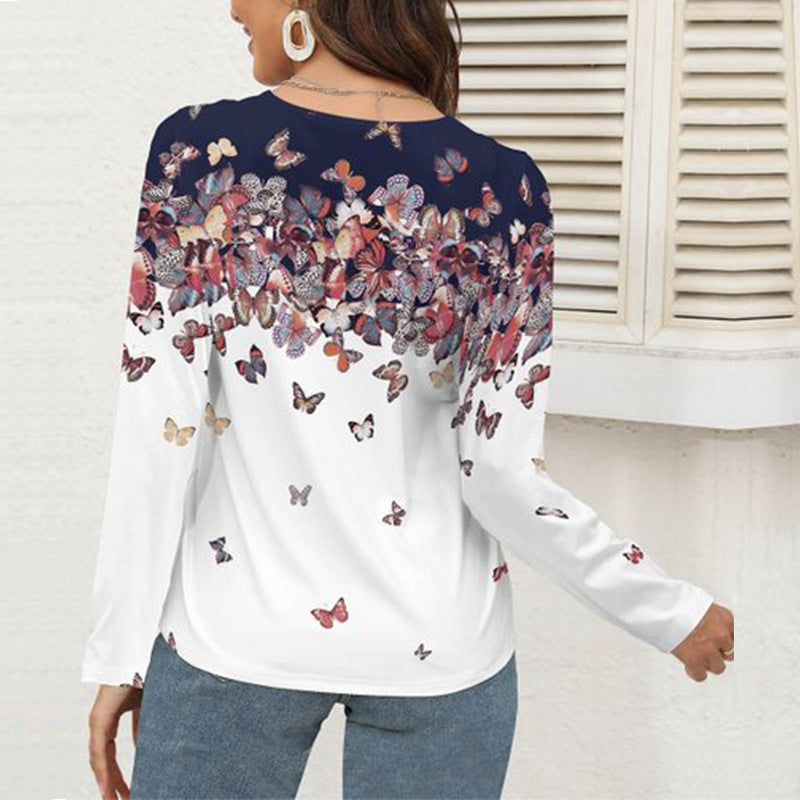 Dam Långärmad T-shirt V-ringad med Fjärilstryck i 100% Bomull-5