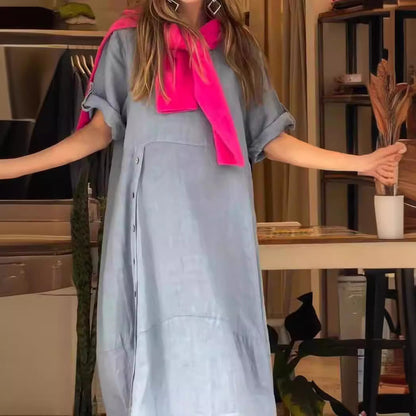 Fina Dam Klänningar Lång Kjol Kort Ärmar Bomull och Linne-6