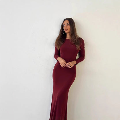 Dam Klänning Långärmad V-hals Enfärgad Högkvalitativt Tyg-3