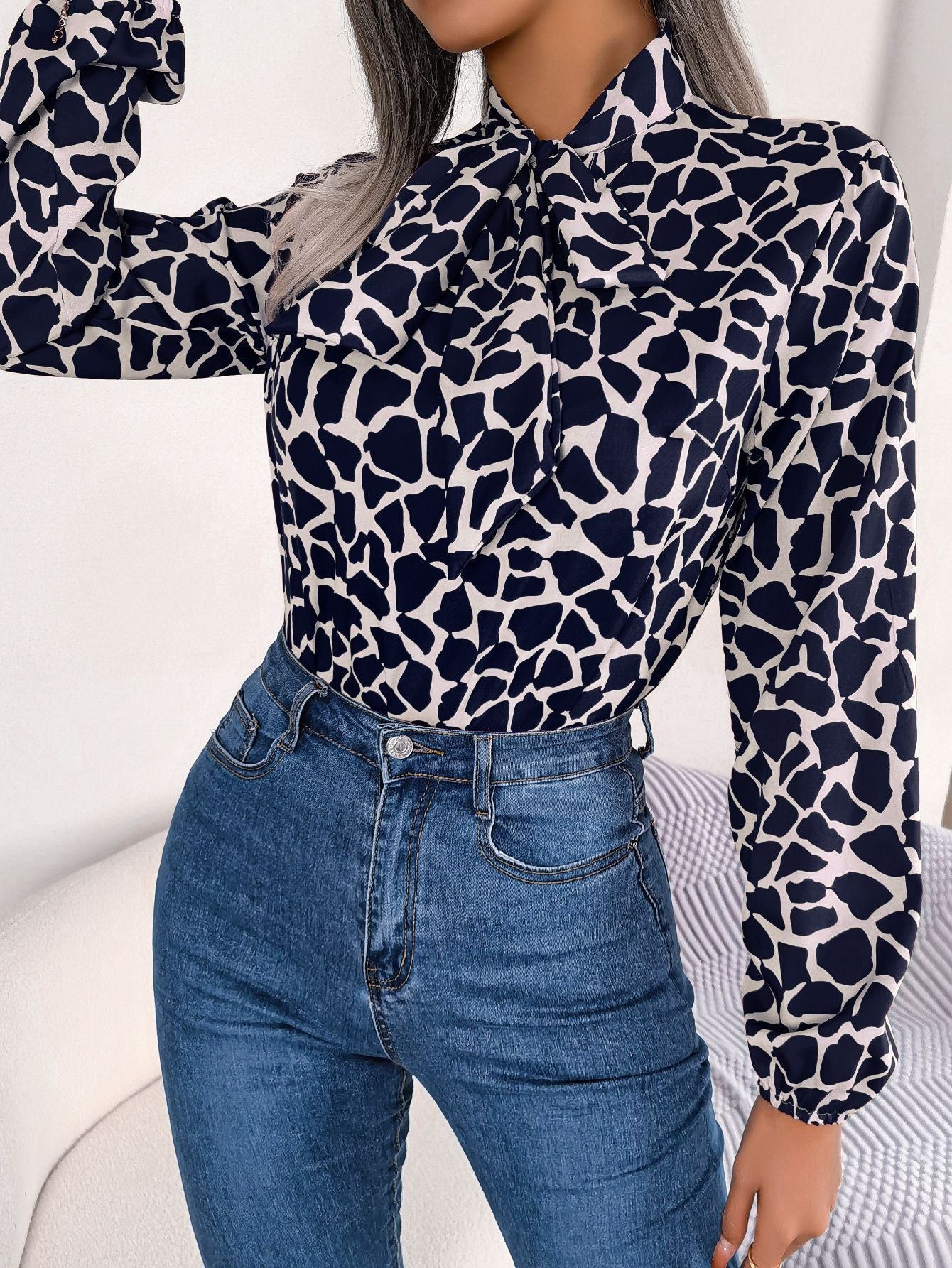 Dam Blus Lång Ärmd Chiffon Färgblockering Geometriskt Mönster-1