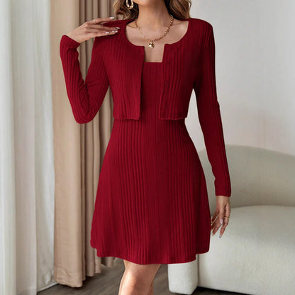 Kvinna Kort Rock Ribbade Långa Ärmar Högkvalitativt Tyg-4