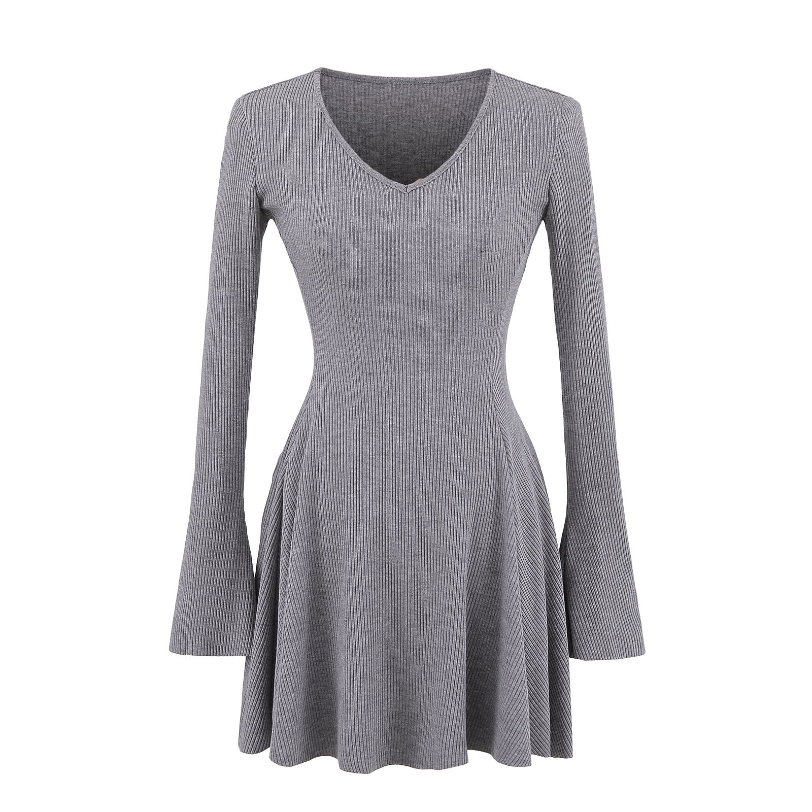 V-ringad Klänning för Kvinnor med Långa Ärmar och Svängande Kjol – Bomullsblandning, Mångsidig Design 1