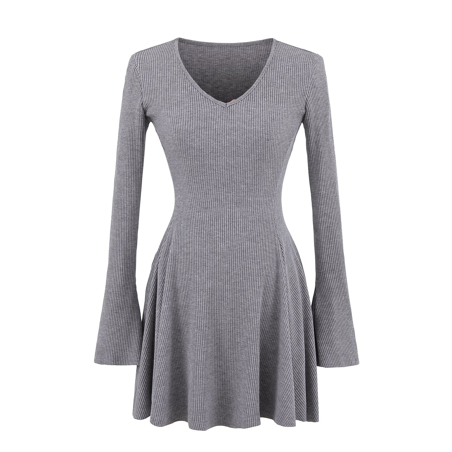 V-ringad Klänning för Kvinnor med Långa Ärmar och Svängande Kjol – Bomullsblandning, Mångsidig Design 5