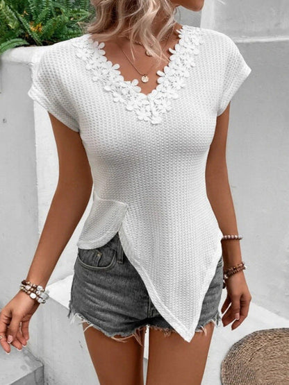 Dam T-shirt V-ringad med Spetsdetaljer i Bomull och Spandex-3