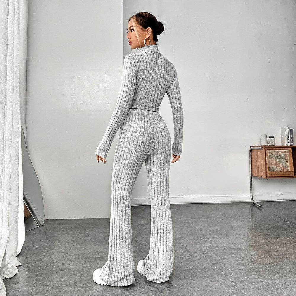 Tvådelat Set Dam med Långärmad Top och Vida Byxor i Ribbat Material – Elegant och Bekväm Stil 3