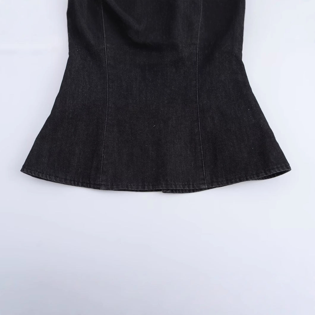 Dam Festtoppar Slim Fit Denim Bustier Top med Dragkedja-2