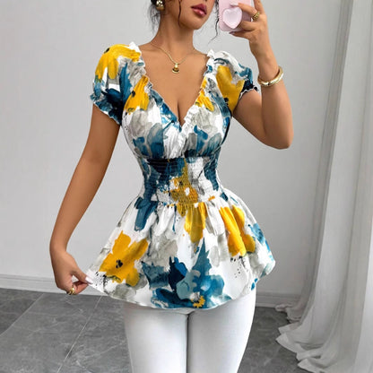 Dam Blus Blommönster Mjuk Polyester Korta Puffärmar 2