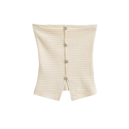 Kvinnors Stickad Topp Strukturerad Andningsbart Material med Dekorativa Knappar-4