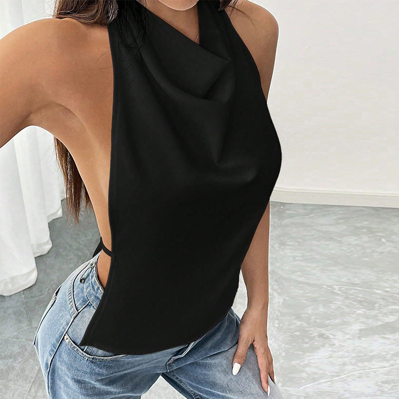 Dam Bakfri Topp med Krage Vävt Tyg-2