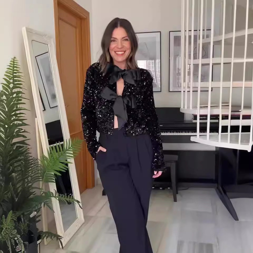 Dam Paillettenmantel Löst Fit Polyester med Framknutning-4