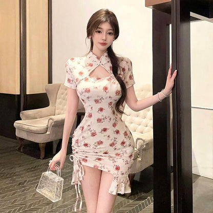 Kvinna Kort Kjol Blommig Design Kristallbomull med Låg Slits och Dubbel Krage 1