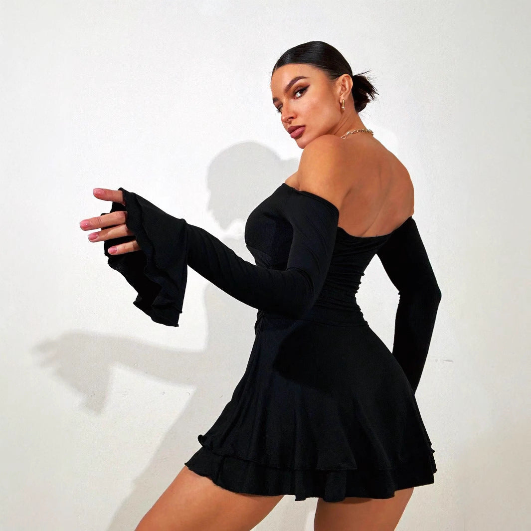 Glittrig Off-Shoulder Miniklänning med Voluminösa Ärmar – Svart eller Vit Mjuk Elastisk Klänning för Fest och Middag 4