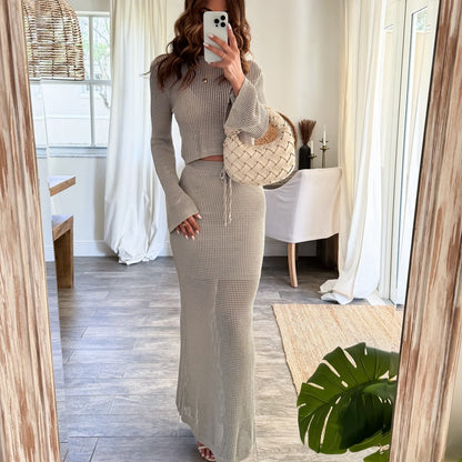 Dam Klänning Långärmad Rippad Design Slim-Fit Tyg och Spandex-2