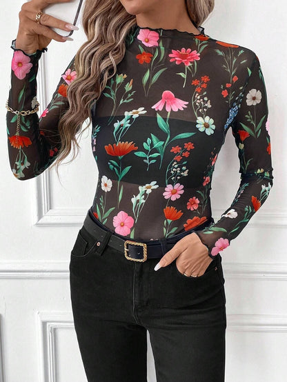 Variant image for Dam T-shirt Långärmad Leopardmönster Mesh Slim Fit med Volangkant-6