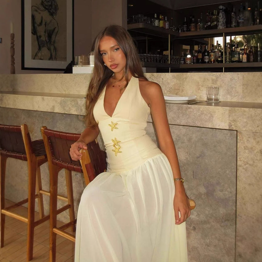 Sommarklänning Dam Djup V-ringning med Dekorativa Knappar Mjukt Tyg 5