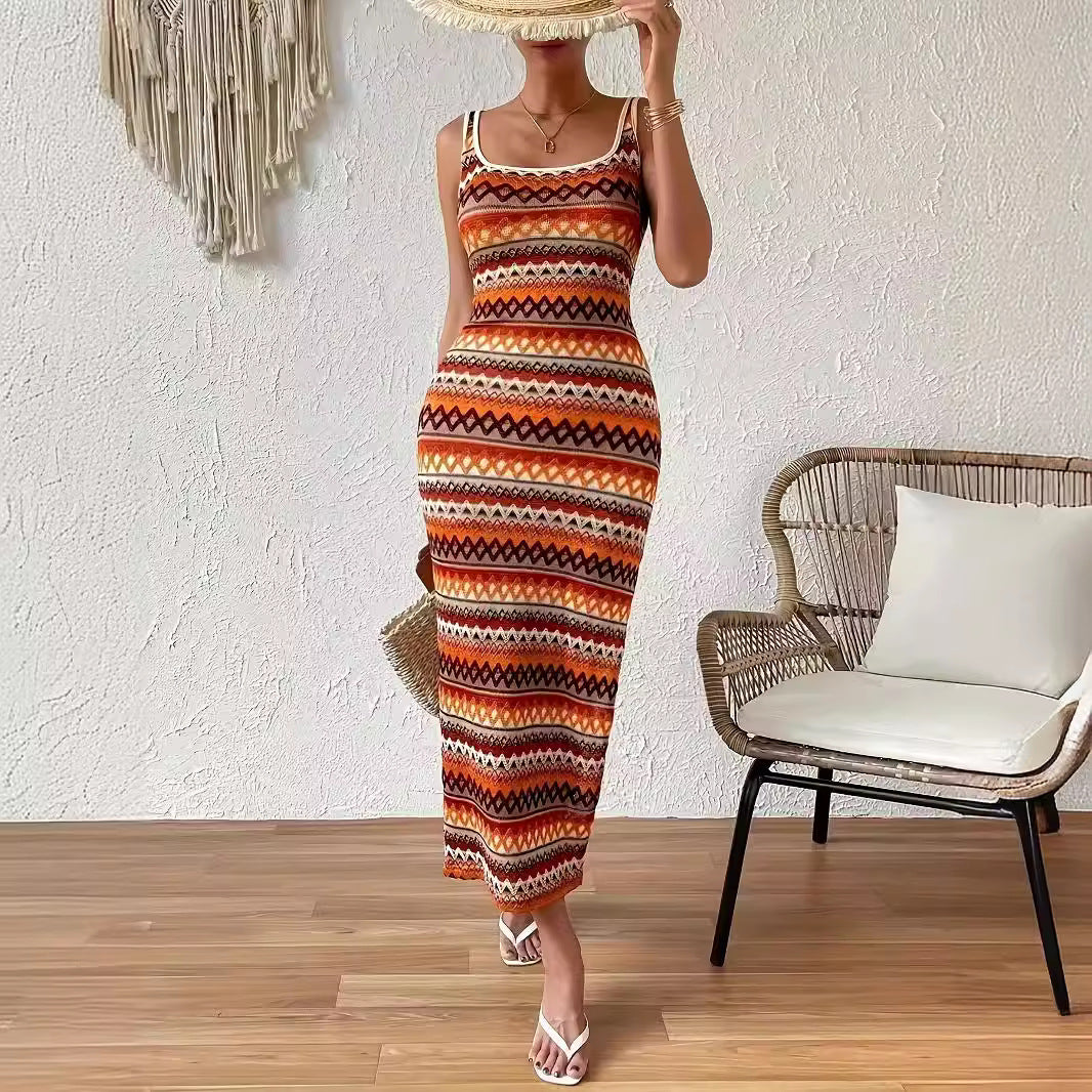 Fina Dam Klänningar Fyrkantig Randig Ärmlös Spandex Maxiklänning-2
