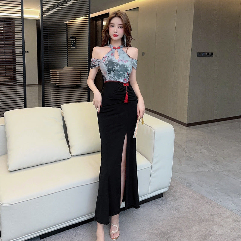 Damklänning Off-Shoulder Slitsad Bodycon Mjuk Stretchig-1