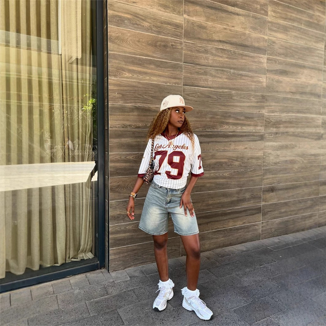 Dam T-shirt V-ringad Trendig Polyester Streetwear-4