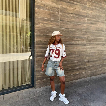 Dam T-shirt V-ringad Trendig Polyester Streetwear-4