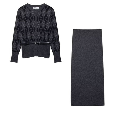 Kvinnors Cardigan Diamantmönster Mjuk Stickad med Midjebälte-2