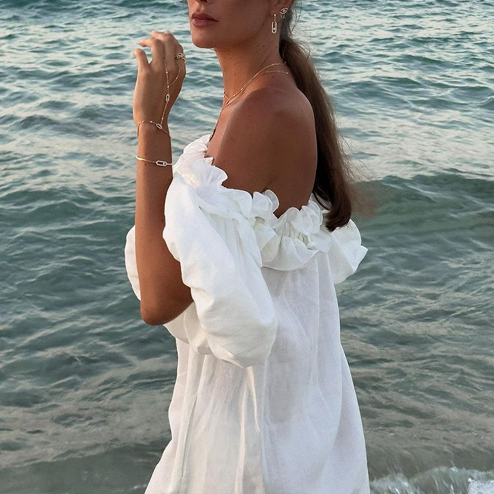 Damklänning Off-Shoulder A-linje Spetsbomull med Puffärmar-3