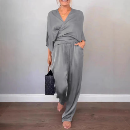 Kvinnors Satin Set Kortärmad Topp Långa Byxor Polyester Spandex-4