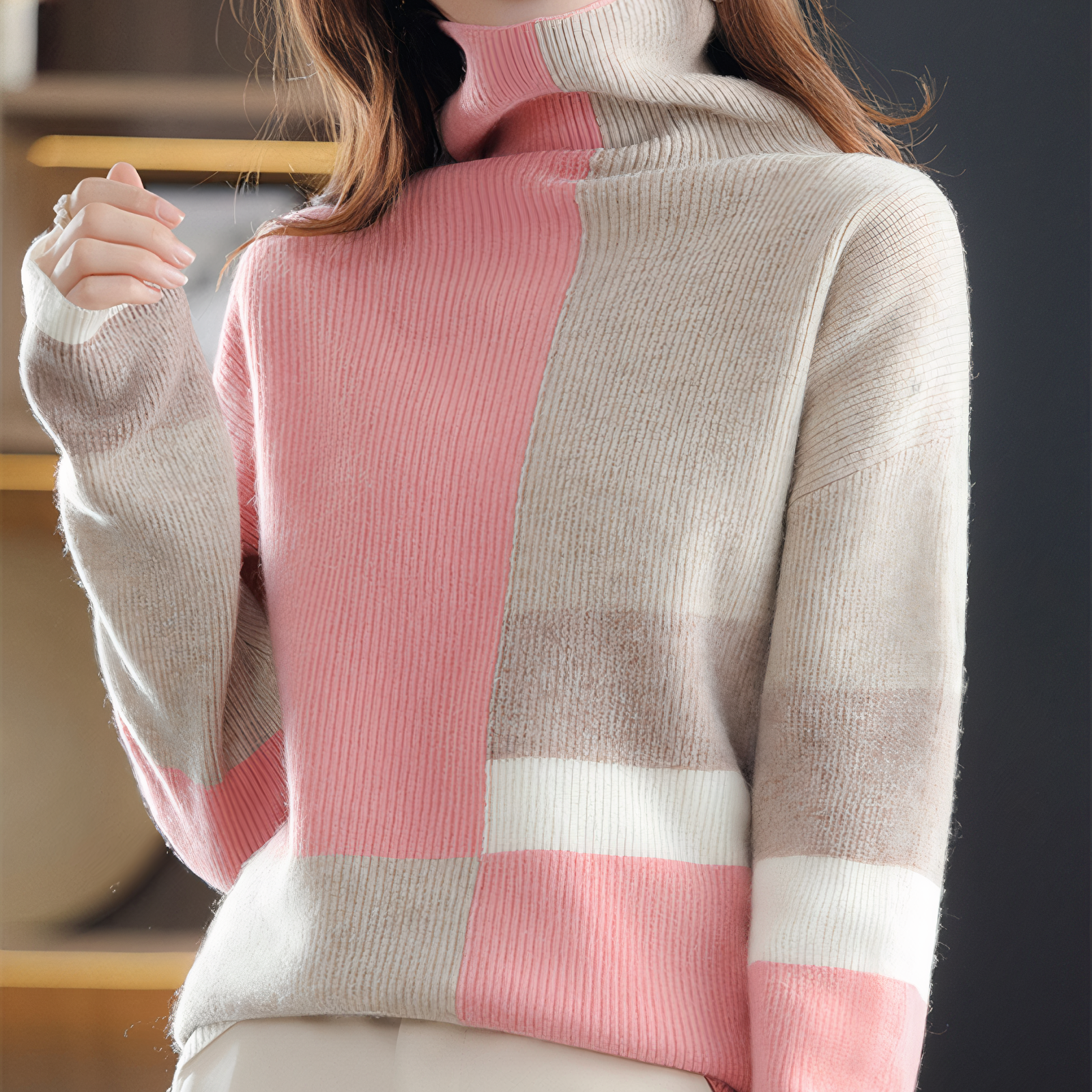 Variant image for Stickad Dam Tröja Retro Turtleneck 100% Högkvalitativt Tyg-2