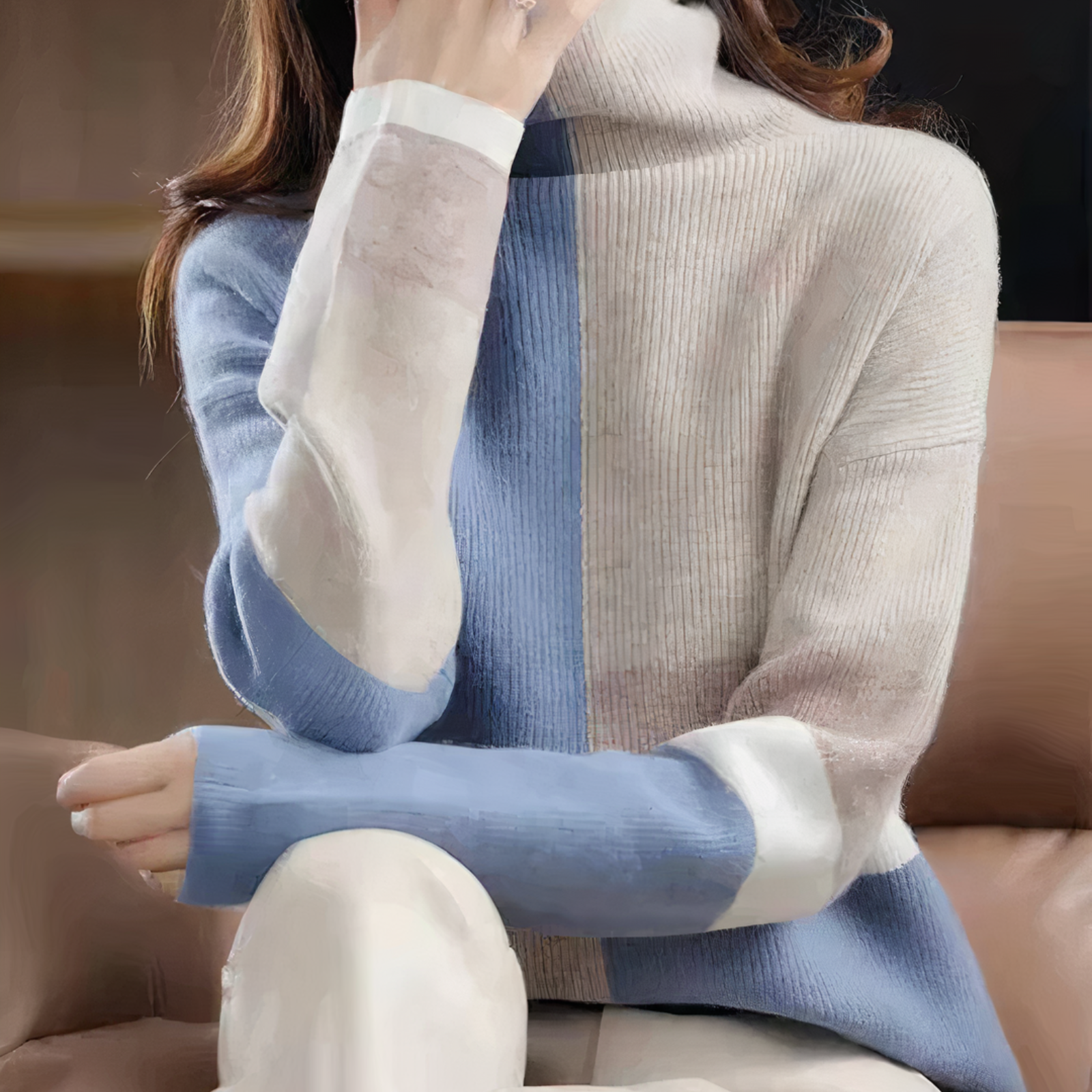 Stickad Dam Tröja Retro Turtleneck 100% Högkvalitativt Tyg-3