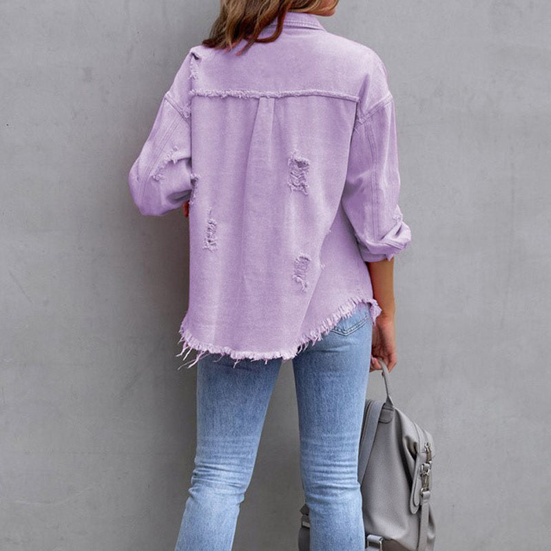Dam Denimjacka Trasig Bomull och Polyester-3