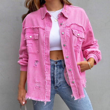 Dam Denimjacka Trasig Bomull och Polyester-1