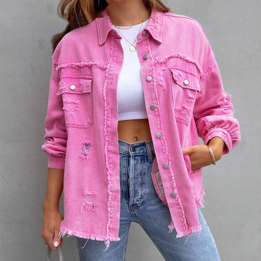 Dam Denimjacka Trasig Bomull och Polyester-1