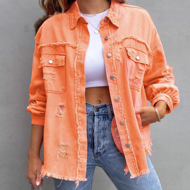 Dam Denimjacka Trasig Bomull och Polyester-4