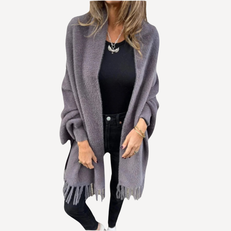 Dam Wrap Tröja Långärmad Mjuk Tyg med Fransar-1